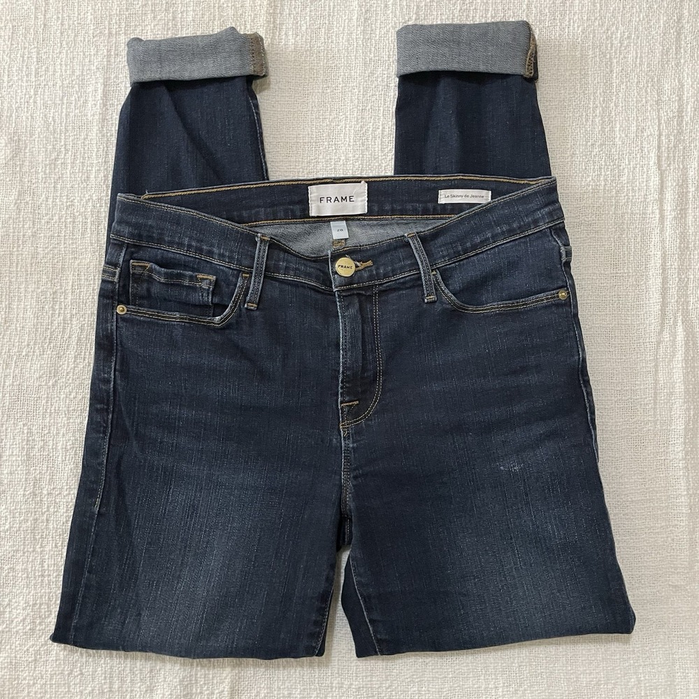 FRAME LE SKINNY Women's‎ 28 Dark Wash Low Rise Frayed Hem Denim Jeans Cuffed EUC